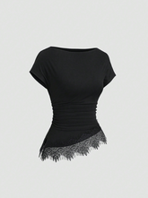 Asymmetrical Hem Contrast Lace Top