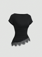 Asymmetrical Hem Contrast Lace Top