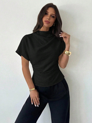 Crinkle Collar Asymmetrical Sleeve Top