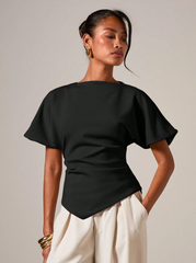 Elegant Ruched Round Neck T-Shirt, Suitable For All Seasons