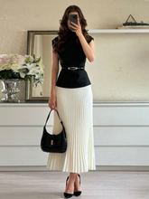 Solid Color Stand Collar Cap Sleeve T-Shirt And Pleated Skirt Elegant Set Summer
