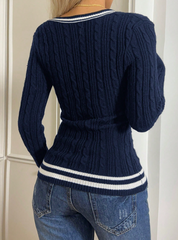 Patchwork V-Neck Long Sleeve Casual Sweater