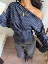 Navy Blue Striped Shirt With A One-Shoulder Design
