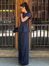 Summer 2pc Blue Women Summer Casual Striped A-Line Top And Wide Straight Pants Elegant Set