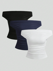 3pcs Solid Off Shoulder Ruched Top