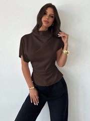 Crinkle Collar Asymmetrical Sleeve Top