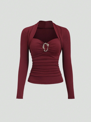 Autumn Metal Decor Button Hollow Out Women T-Shirt