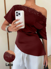 Women's Lace Patchwork Satin Blouse With Asymmetrical Shoulder Neckline