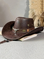 PU Leather Heart-Shaped Crown Rolled Brim Cowboy Hat