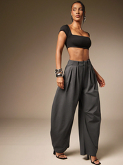Summer Casual Solid Charcoal Pleated Oversized Barrel Pants