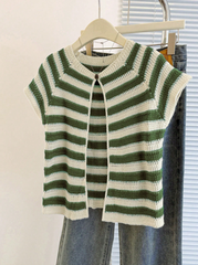 Striped Round Neck Distinctive Versatile Slim Fit Cardigan