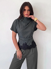 Lace Crinkle Collar Asymmetrical Sleeve Top
