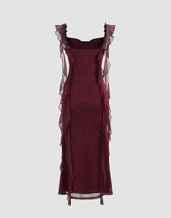 CIDER Cowl Neck Solid Glitter Ruffle Hem Maxi Dress