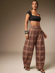 Summer Casual Solid Charcoal Pleated Oversized Barrel Pants