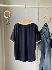 Navy Blue Mesh Printed Loose T-Shirt