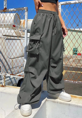 Flap Pocket Side Drawstring Waist Parachute Cargo Pants