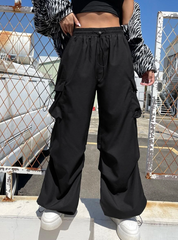 Flap Pocket Side Drawstring Waist Parachute Cargo Pants