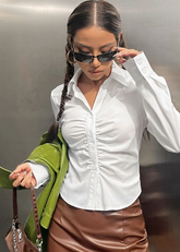 Solid Ruched Curved Hem Shirt