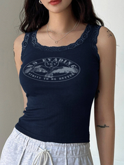 Eagle & Letter Graphic Lace Trim Tank Top