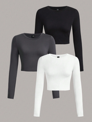 3Pcs Solid Color Round Neck Long Sleeve T-Shirt