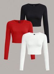 3Pcs Solid Color Round Neck Long Sleeve T-Shirt