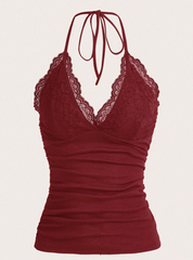 Contrast Lace Ruched Halter Top