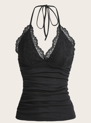 Contrast Lace Ruched Halter Top