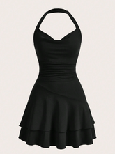 Solid Ruched Layered Ruffle Hem Halter Neck Dress