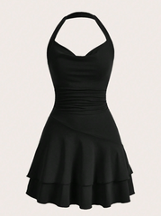 Solid Ruched Layered Ruffle Hem Halter Neck Dress