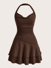 Solid Ruched Layered Ruffle Hem Halter Neck Dress