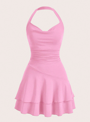 Solid Ruched Layered Ruffle Hem Halter Neck Dress