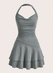Solid Ruched Layered Ruffle Hem Halter Neck Dress