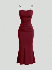 Solid Ruched Mermaid Hem Cami Dress
