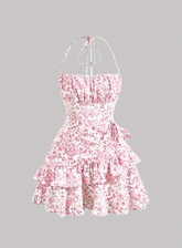 Allover Floral Print Ruffle Trim Tie Backless Ruched Bust Halter Dress