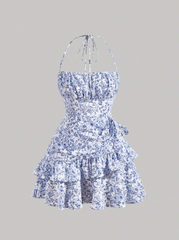 Allover Floral Print Ruffle Trim Tie Backless Ruched Bust Halter Dress