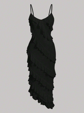 Solid Ruffle Trim Asymmetrical Hem Cami Dress