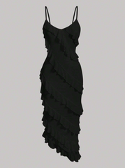 Solid Ruffle Trim Asymmetrical Hem Cami Dress