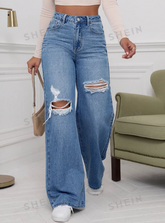 Washed Denim Blue High Waist Ripped Wide Leg Jeans