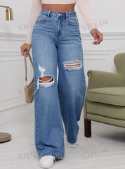 Washed Denim Blue High Waist Ripped Wide Leg Jeans