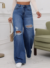 Washed Denim Blue High Waist Ripped Wide Leg Jeans