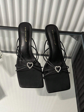 High Heel Mules With Rhinestone Heart Shape Decoration And Gold Plated Pyramid Shape Heel