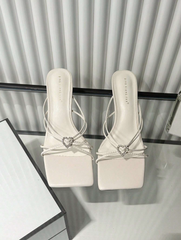 High Heel Mules With Rhinestone Heart Shape Decoration And Gold Plated Pyramid Shape Heel