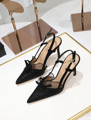 Bow Decor Ruffle Trim Point Toe Stiletto Heeled Slingback Pumps