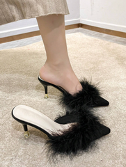 Pointed Toe Thin Heel Mules With Fur