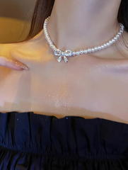 Rhinestone Bow Decor Faux Pearl Beaded Necklace