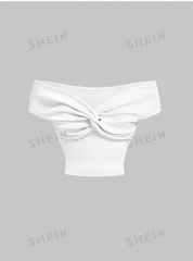 Solid Color Off Shoulder Twist Front Top