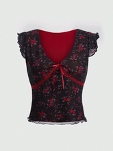 Ditsy Floral Print Bow Lettuce Trim Mesh Top