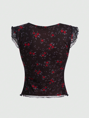 Ditsy Floral Print Bow Lettuce Trim Mesh Top