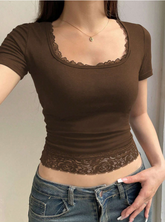 Contrast Lace Slim Fit Short Sleeve Casual T-Shirt With Large Round Neckline