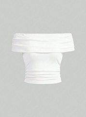 Solid Color Off-Shoulder Ruffle Slim Fit Top